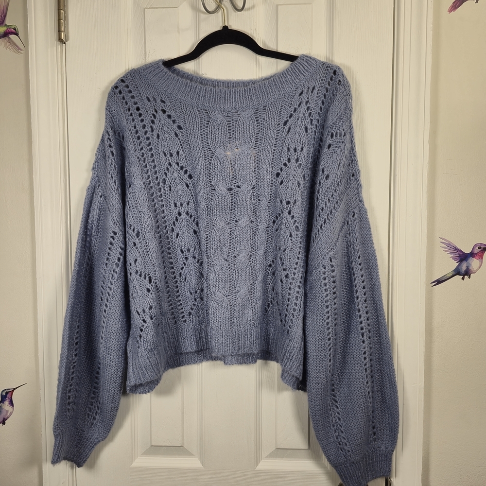 NWT Jolie & Joy Blue Pointelle Knit Oversized Cable Sweater Size Large